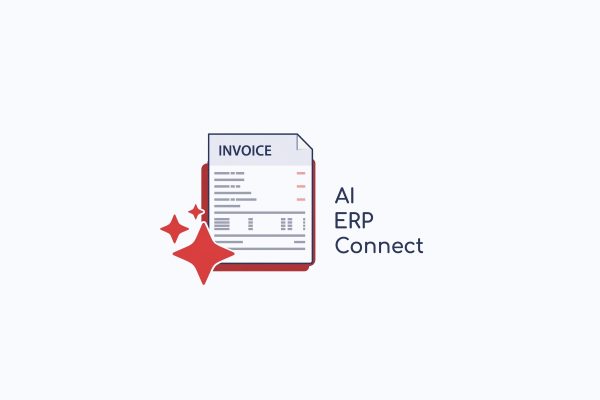 Abbildung einer Rechnung mit dem Wort „INVOICE“, ergänzt durch rote Glitzerelemente und den Text „AI ERP Connect“