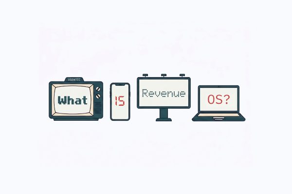 Eine Reihe von Geräten in Cartoon-Optik, auf deren Bildschirmen der Satz „Was ist Revenue OS?“ zu sehen ist: Auf dem Fernseher steht „Was“, auf dem Handy „ist“, auf dem Monitor „Revenue“ und auf dem Laptop „OS?“