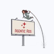 Eine Geschäftsfrau im Anzug springt über eine Werbetafel am Straßenrand, auf der „AGENTIC ADS“ mit roten Stern-Logos zu lesen ist.
