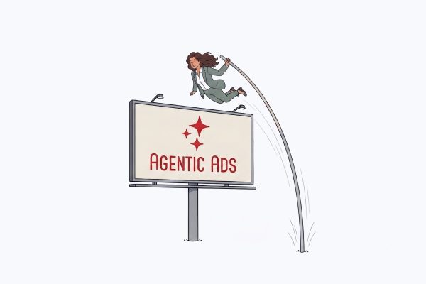 Eine Geschäftsfrau im Anzug springt über eine Werbetafel am Straßenrand, auf der „AGENTIC ADS“ mit roten Stern-Logos zu lesen ist.
